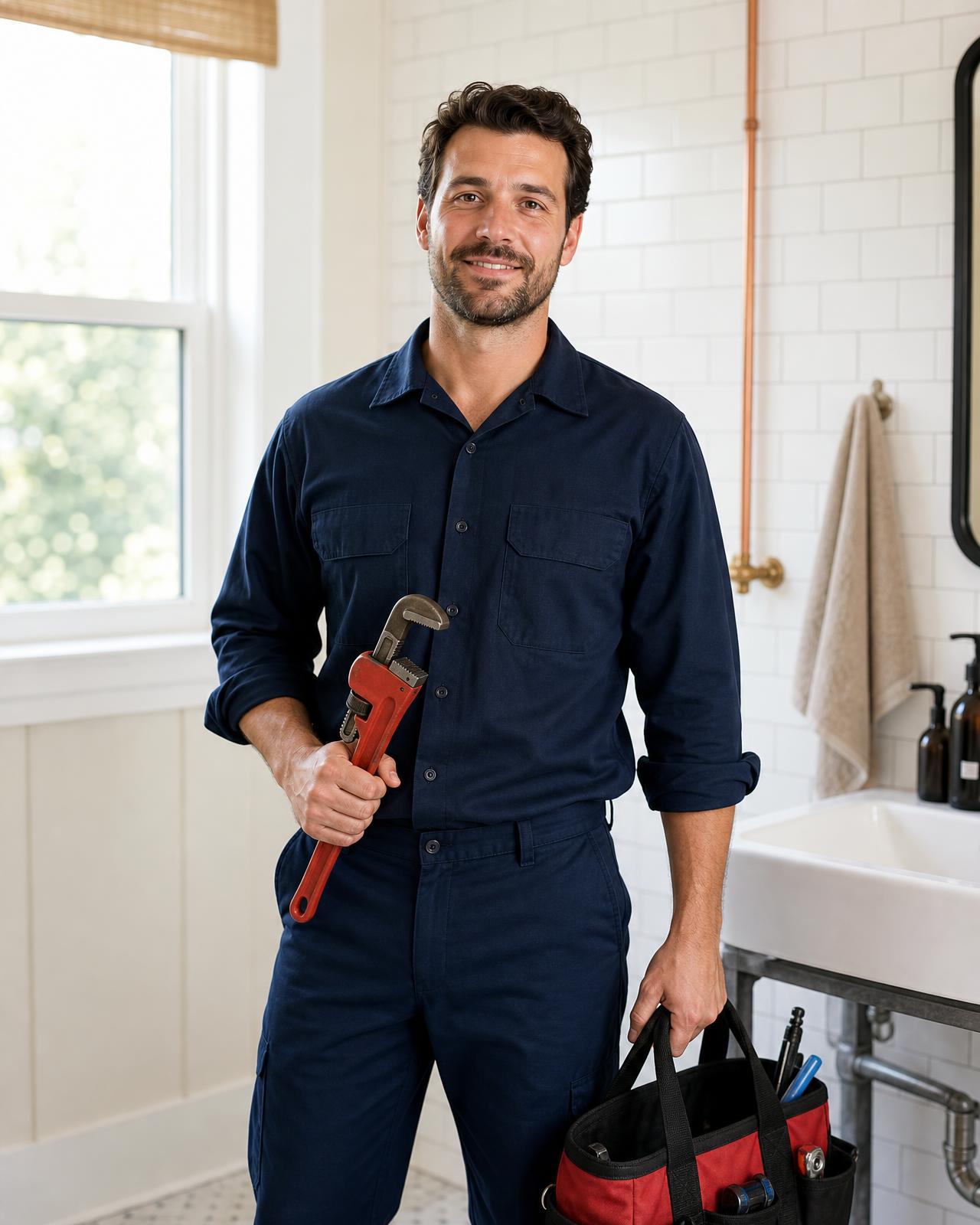 Uniformed Halstead & Co. plumber with tools in a customer's bathroom