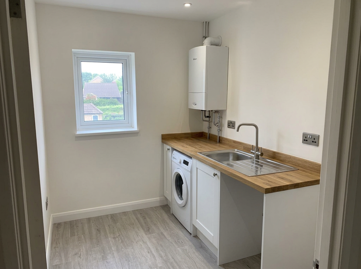 The same laundry room after renovation with clean concealed plumbing and new fixtures